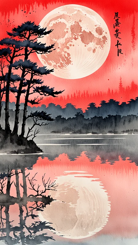 Watercolour paint effect, red moon, Lake, japanese writing, ripples, sky, trees, reflection, <lora:Paint_Effects_SDXL_-_By_DICE:1>, Watercolour Paint Effect