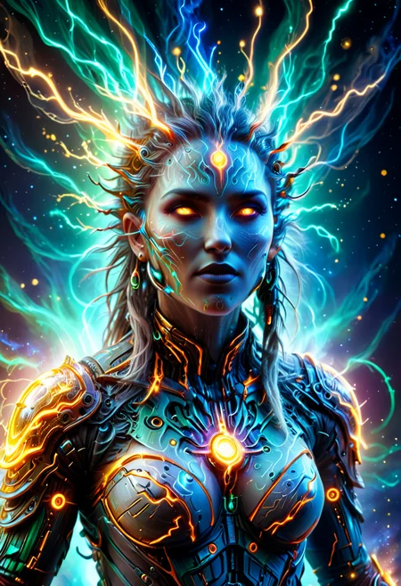 high quality, ultra detailed, abstract, fantasy, photo realistic, 4k, Fantastic lighting. Detailed shadows. intricate details, hyper-detailed, ultra-sharp, 8k , HDR+, glow,
3l3ctr0 A cyborg shaman decoding prophecies from the stars via retinal implants ,
 <lora:3l3ctr0-SDXL:1>