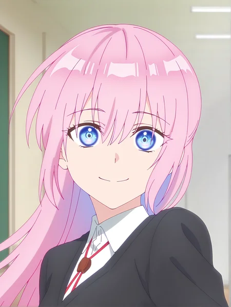 <lora:Shikimori_Character:1>cowboy shot, shikimori, 1girl, solo, pink hair, blue eyes, ponytail, long hair, school uniform, white shirt, red ribbon tie, smile, hair between eyes, bangs, collared shirt, looking at viewer, gray pleated skirt, black socks, standing still,