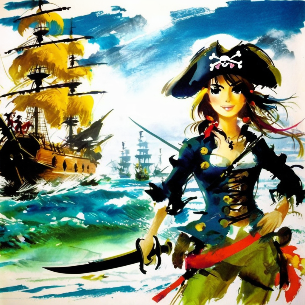 grabianski pirate girl with a sword, pirate ships in the background<lora:grabianski:1>