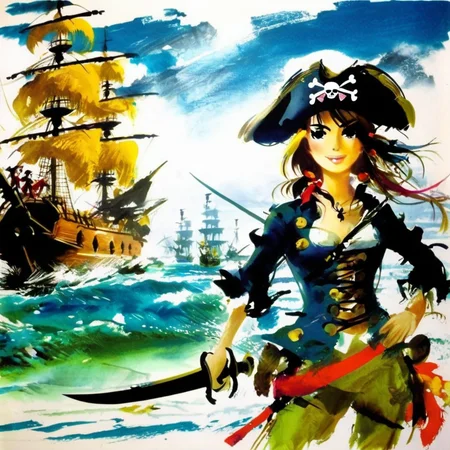 grabianski pirate girl with a sword, pirate ships in the background<lora:grabianski:1>