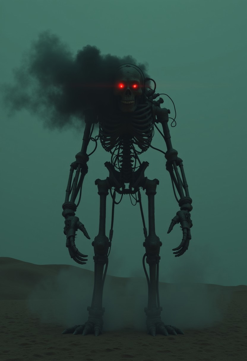 cpstyle01. The image is a high-resolution CGI rendering depicting a futuristic, skeletal robot standing in a desolate, sandy desert landscape. The robot, referred to as the "Robot," has a humanoid shape with a skeletal structure, primarily made of metallic components. Its torso and limbs are articulated with a network of wires and pipes, giving it a mechanical, industrial appearance. The Robot's head is a hollow skull, with glowing red eyes emitting a piercing light that cuts through the misty atmosphere, casting an eerie glow. The robot's arms are elongated, ending in mechanical claws, and it stands on two articulated legs. A plume of thick, dark smoke or fog swirls around it, partially obscuring its lower body and creating a dramatic, atmospheric effect. The background features a vast, barren desert with rolling sand dunes stretching into the distance under a cloudy, overcast sky. The sky is a muted, dark greenish-blue, contributing to the overall moody, dystopian atmosphere of the scene. The lighting is dim, with the Robot and its surroundings bathed in a cold, unnatural light that emphasizes the mechanical and otherworldly nature of the scene.