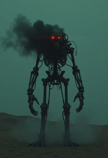 cpstyle01. The image is a high-resolution CGI rendering depicting a futuristic, skeletal robot standing in a desolate, sandy desert landscape. The robot, referred to as the "Robot," has a humanoid shape with a skeletal structure, primarily made of metallic components. Its torso and limbs are articulated with a network of wires and pipes, giving it a mechanical, industrial appearance. The Robot's head is a hollow skull, with glowing red eyes emitting a piercing light that cuts through the misty atmosphere, casting an eerie glow. The robot's arms are elongated, ending in mechanical claws, and it stands on two articulated legs. A plume of thick, dark smoke or fog swirls around it, partially obscuring its lower body and creating a dramatic, atmospheric effect. The background features a vast, barren desert with rolling sand dunes stretching into the distance under a cloudy, overcast sky. The sky is a muted, dark greenish-blue, contributing to the overall moody, dystopian atmosphere of the scene. The lighting is dim, with the Robot and its surroundings bathed in a cold, unnatural light that emphasizes the mechanical and otherworldly nature of the scene.