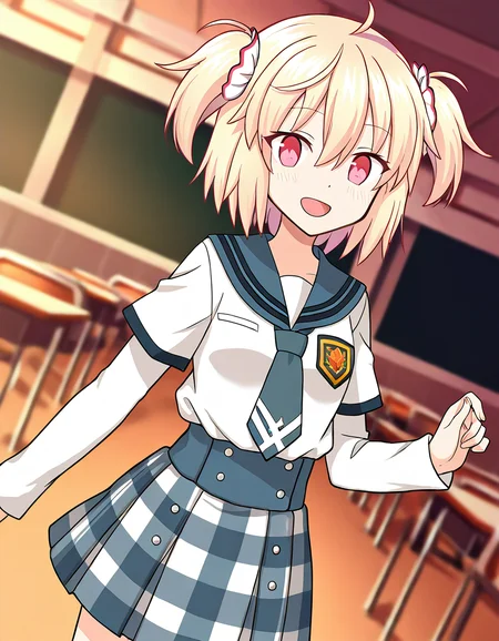 masterpiece, best quality, newest, absurdres, highres, safe, 1girl, ayano rika \(school uniform\), magia record: mahou shoujo madoka magica gaiden, solo, blush, smile, open mouth, classroom corridor, dusk, dutch angle, <lora:ayano_rika_noobaiXLNAIXL_vPred10Version:0.7>