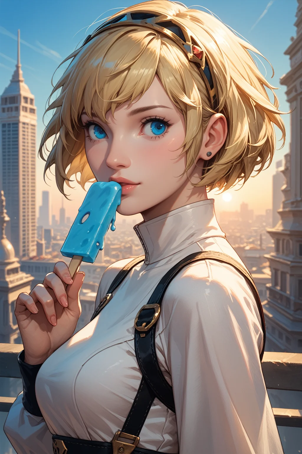 score_9, score_8_up, score_7_up, score_6_up
<lora:P3Aigis:0.8>
P3Aigis, 1girl, android, blonde hair, blue eyes, short hair, looking at viewer, excited, holding popsicle, blue sky, city, sun, from side
