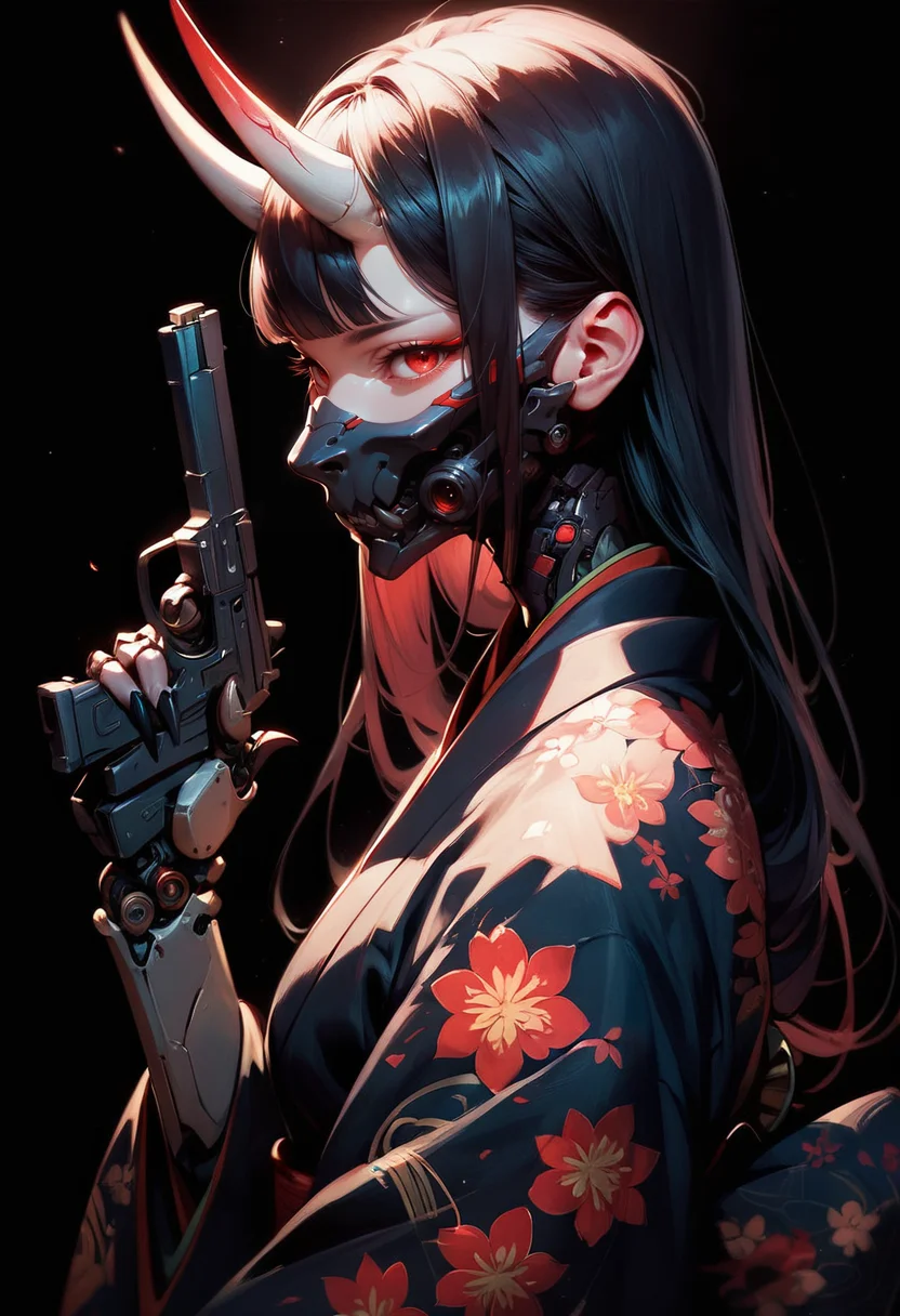 (score_9, score_8_up, score_7_up), zPDXL, 1girl, solo, looking at viewer, simple background, closed mouth, red eyes, upper body, long hair, black hair, japanese clothes, horns, kimono, holding pistol, gun, floral print, black background, black mecha oni horns, mouth mask, black kimono, print kimono, blunt bangs, dark aura, black claws, black mechanical arms, side view
<lora:BioPunky:0.8>