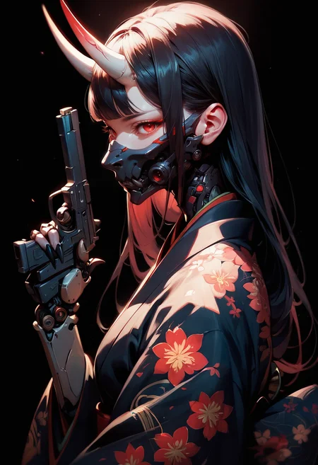 (score_9, score_8_up, score_7_up), zPDXL, 1girl, solo, looking at viewer, simple background, closed mouth, red eyes, upper body, long hair, black hair, japanese clothes, horns, kimono, holding pistol, gun, floral print, black background, black mecha oni horns, mouth mask, black kimono, print kimono, blunt bangs, dark aura, black claws, black mechanical arms, side view
<lora:BioPunky:0.8>