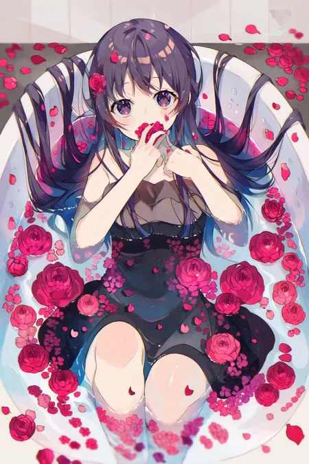 high quality, best quality, by omutatsu, 1girl, solo, long hair, petals, looking at viewer, bathtub, dress, petals on liquid, black dress, partially submerged, bangs, purple eyes, strap slip, flower, rose petals, water, collarbone, black hair, bare shoulders, sleeveless, sleeveless dress, bathing, purple hair, blush, nail polish, very long hair, rose, <lora:omutatsu:1>