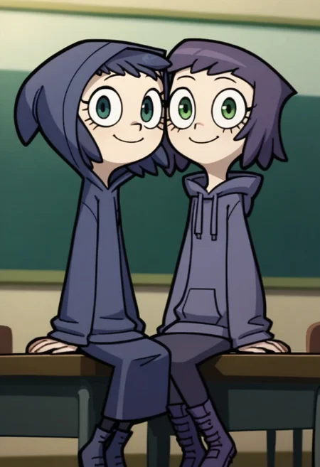 score_9, score_8_up, score_7_up, score_6_up, score_5_up, score_4_up, 2 girls in image, sitting on desks, smiling, looking at viewer, arms around each other, friends,
BREAK,
1 girl, square head, green eyes, squinch, round eyes, long hair, dark blue hair, dark blue dress sweater, black leggings, small black boots,
BREAK
1 girl, short hair, purple hair, long eyelashes, purple hoodie, purple skirt, purple shoes, , hood up