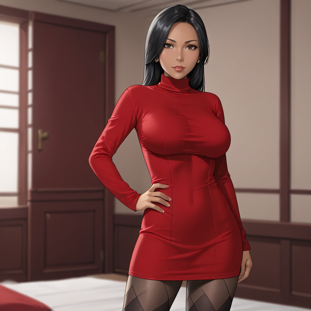 <lora:jademk9_pony_v1:.7>Jademk9, 1girl, solo, large breasts, long hair, dark skin, dark-skinned female,  black hair, hands on hips, cowboy shot,  <lora:0965 Home wear 12_v1_pony:1> ruanyi0965,red dress,short dress,black pantyhose,argyle legwear,turtleneck,dress lift,bottomless,long sleeves