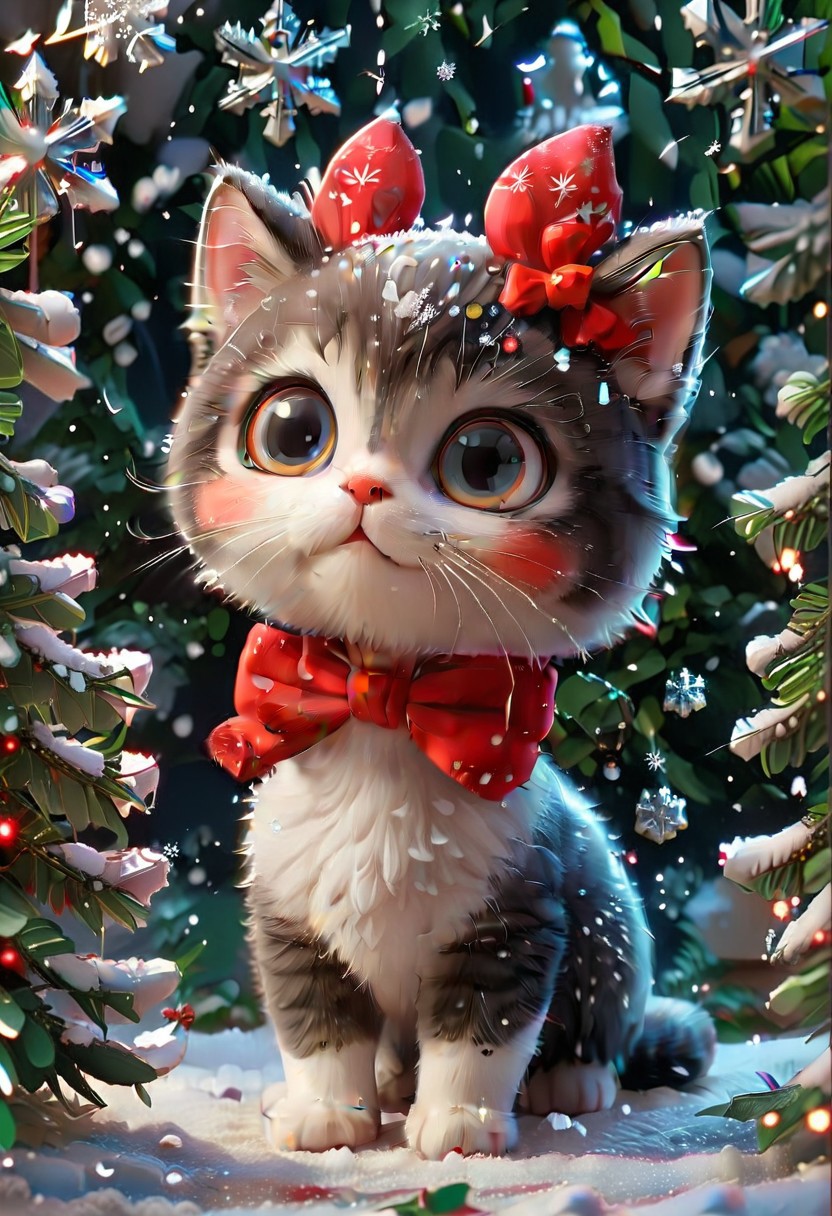Festive, snowflake, kitten, big eyes, red bow, close-up, snowflakes falling, Christmas tree in the background, solo, cute and healing