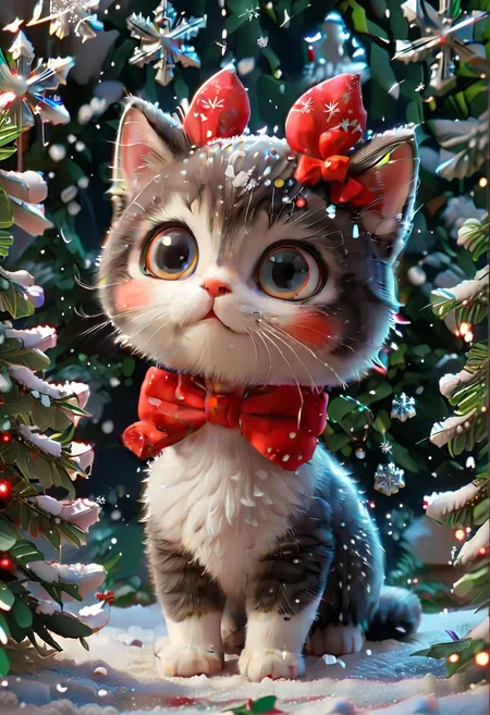 Festive, snowflake, kitten, big eyes, red bow, close-up, snowflakes falling, Christmas tree in the background, solo, cute and healing
