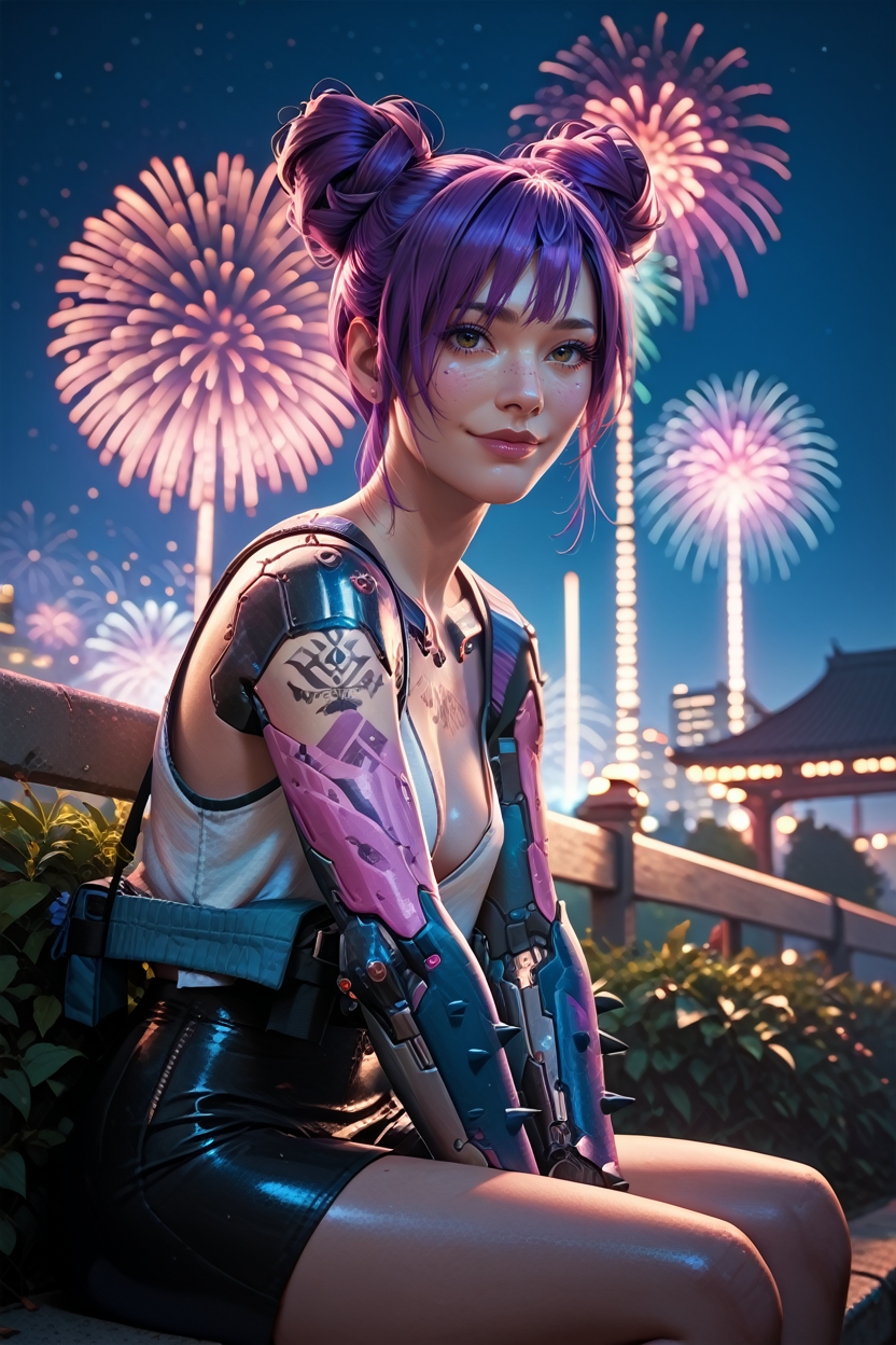 score_9, score_8_up, score_7_up, score_6_up
<lora:CyberRitaMoxBouncer:0.8>
CyberRitaMoxBouncer, 1girl, purple hair, hair buns, tattoo, looking at viewer, sitting, at night, fireworks, park, looking up, smile