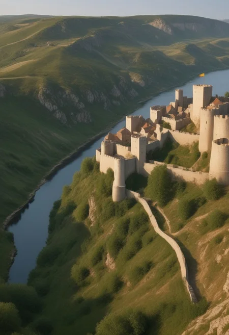 ultra realism, realistic image with high quality 8k and above, stable focus on an extremely breathtaking natural landscape from the Middle Ages, on an ancient knight's fortress built in the mountains and next to it there is a village with houses made of stone, wood, castle, ruins, fortress, castle, village , stone and wooden houses, tents, awnings, rocks, horses, full water river. boats, dense vegetation, protective wall around the village and the fortress, road, period middle ages, chivalric symbols, christian temple, road, in countries along the road medieval fighters dressed in traditional clothing typical of the middle ages in europe, color balance, golden hour,