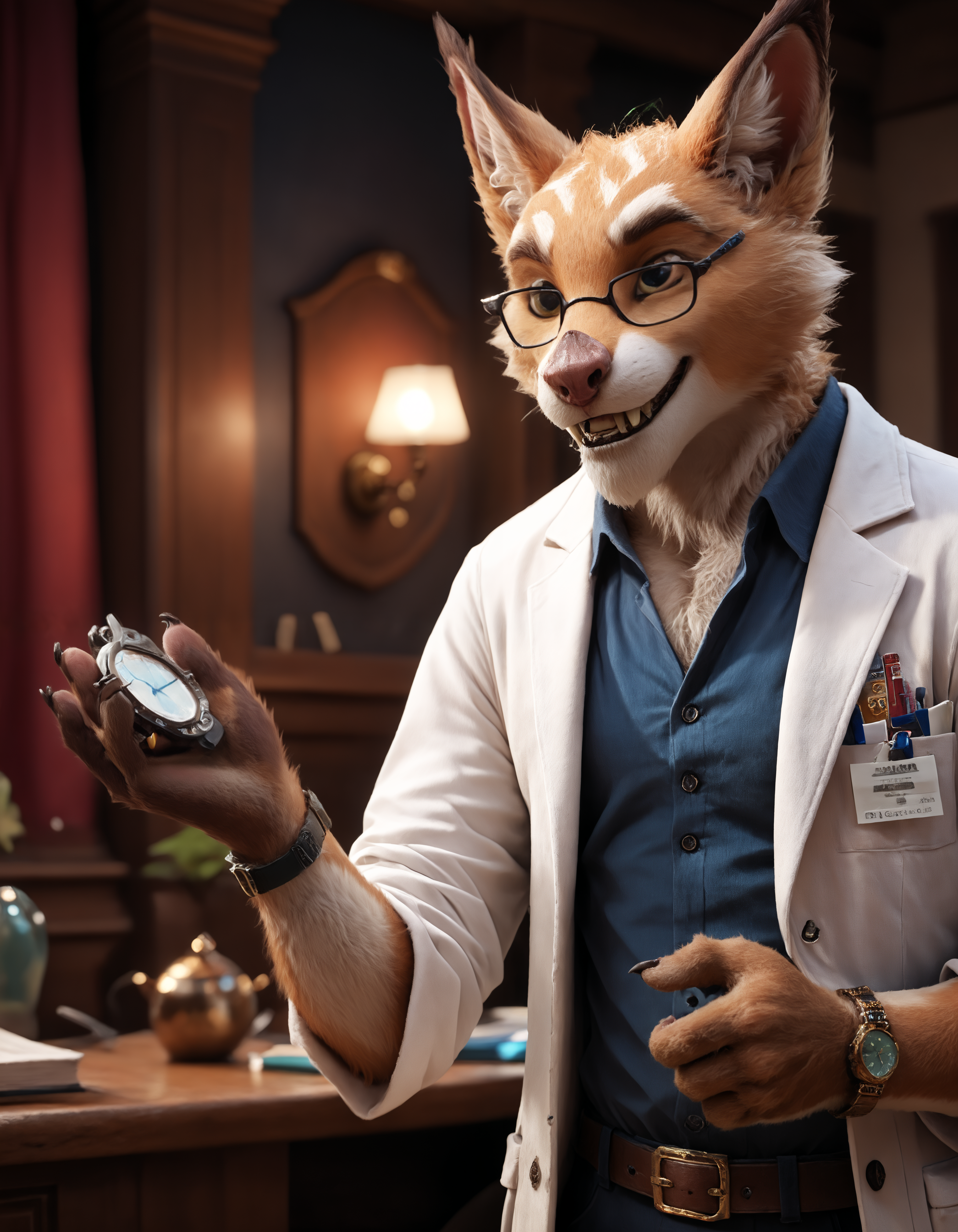 score_9, score_8_up, score_7_up, BREAK (anthro, furry:1.1), depth of field, cinematic lighting, masterpiece, (detailed teeth, detailed hands:1.25), best quality, ultra realistic, 4k, 2k, film photography, RAW photo, photorealistic, analog style, subsurface scattering, photorealism, embedding:unaestheticXL_bp5, embedding:zPDXL,(best quality, high quality, 8K:1.5), <lora:add-detail-xl:2.5>, <lora:fix_hands.safetensors:2.0>, <lora:2.5DRealisticV2.safetensors:0.2>, <lora:sinfully_stylish_SDXL.safetensors:0.6>, <lora:AdvancedEnhancerXLv2.safetensors:1.0>, (hi res), ((masterpiece)), ((best quality)), illustration, <lora:Kubrow_Warframe.safetensors:0.7>, (furry, anthro:1.2), kubrow, mammal, anthro, (1boy, male:1.4), fur, (slightly chubby:0.9), (solo:1.2), unusual coloring fur, (barefoot:1.25)  solo, shirt, black_hair, 1boy, holding, white_shirt, upper_body, male_focus, glasses, blurry, blurry_background, watch, realistic, labcoat, wristwatch, photo_background, doctor