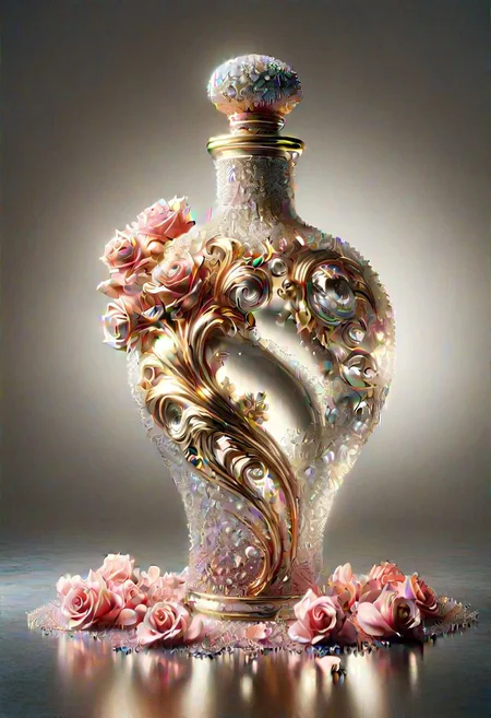 brand design, An elegant glass bottle of perfume on a reflective black surface, surrounded by delicate rose petals, the atmosphere is luxurious and sensual, with a backdrop of soft, diffuse lighting, Photo-realistic style, high resolution magic tornado, nebula, movement, dynamics, whirlpool, spray, close-up, masterpiece, extremely detailed, pearl, gold, luxurious
Modifiers:
highly detailed Award winning photography photorealistic award winning vismut
elegant fantasy 8k beautiful dynamic lighting award winning imperial colors hyperrealistic ultra detailed 4K 3D high definition crisp quality colourful hdr @VISMUT
