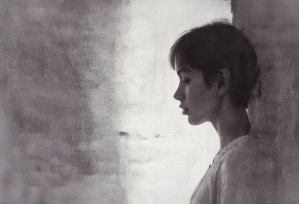 an aesthetic, minimalist depiction of a female profile in side view. The focus is on the soft contours and calm, monochromatic tones. The scene feels mystical and dreamy, almost as if viewed through a delicate mist, with gentle light accentuating the silhouette. The background is diffuse and creamy white, drawing attention to the elegant simplicity of the figure.