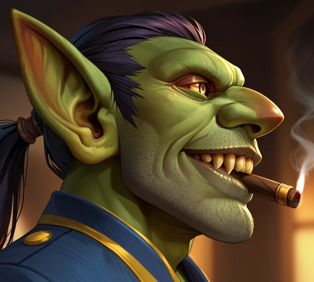 score_9_up,score_8_up,score_7_up,score_6_up,score_5_up,score_4_up, masterpiece, high quality, digital painting, source_furry, source_monster, source_anime, BREAK,
bank vault, blurry background, close up, profile, smoking cigar, big smile, ((gold tooth)), smug, three quarter view, side view, pony tail, greasy hair, lit cigar,
Goblin, male, (green skin), large ears, large nose, detailed eyes,
<lora:Goblins for PonyXL:0.7>
