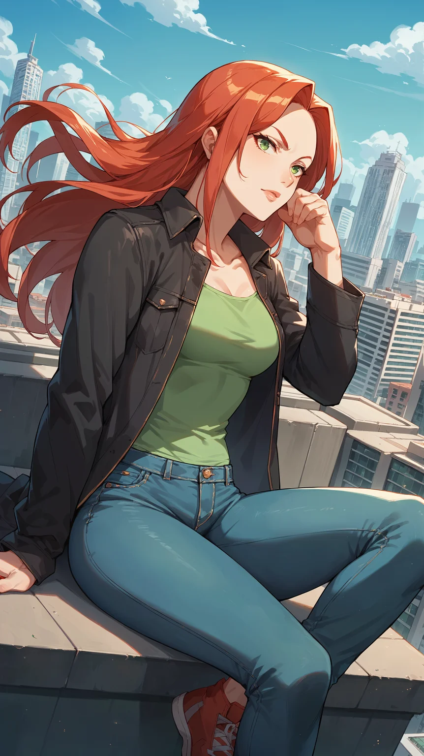 score_9,score_8_up,score_7_up,score_6_up, <lora:xl_more_art-full_v1:0.5>, source_anime, girl, dynamic pose, reclining, <lora:Atom Eve - Pony:0.8>, long hair, red hair, green eyes, black jacket, green top, jeans, rooftop, skyscraper, horizon, city,