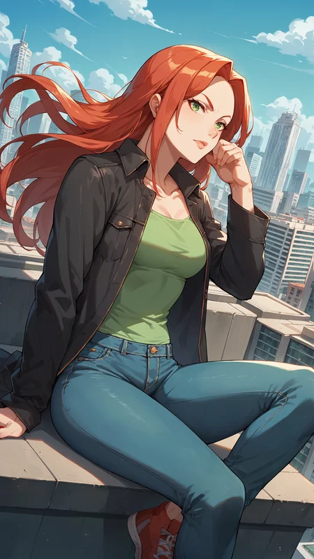 score_9,score_8_up,score_7_up,score_6_up, <lora:xl_more_art-full_v1:0.5>, source_anime, girl, dynamic pose, reclining, <lora:Atom Eve - Pony:0.8>, long hair, red hair, green eyes, black jacket, green top, jeans, rooftop, skyscraper, horizon, city,