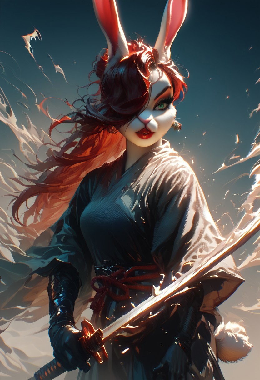 score_9, score_8_up, score_7_up, hkwarrior, Inkblast, A warrior holding a sword, realistic,1girl, red hair, long hair, hair over one eye, green eyes, lipstick, makeup, earrings,furry, solo, Cotton-Tail, rabbit, cub, rabbit tail, long rabbit ears