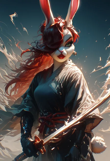 score_9, score_8_up, score_7_up, hkwarrior, Inkblast, A warrior holding a sword, realistic,1girl, red hair, long hair, hair over one eye, green eyes, lipstick, makeup, earrings,furry, solo, Cotton-Tail, rabbit, cub, rabbit tail, long rabbit ears