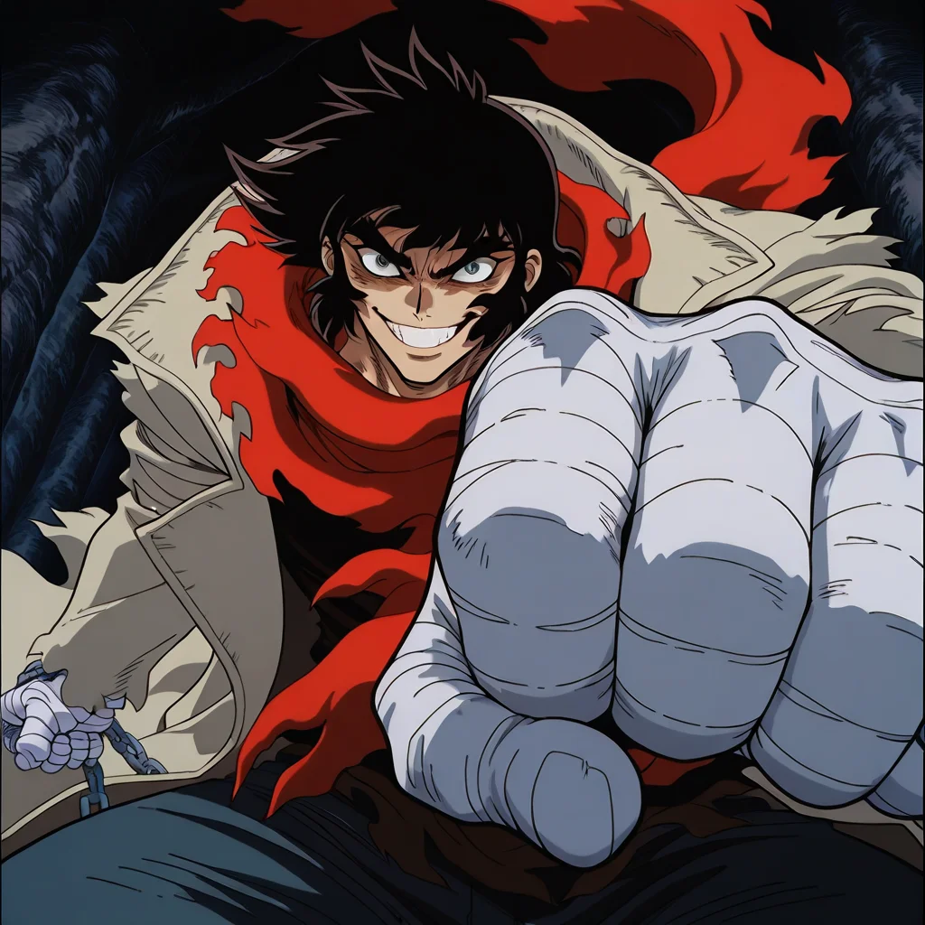 1boy,solo,<lora:IL_nagare_ryoma_Getter_Robo_Armageddon:1>,c_gett,nagare ryoma,
trench coat,torn clothes,shirt,bandages,red scarf,g-pant,foreshortening,dutch angle,chain,close-up of face,crazy smile,looking at viewer,, masterpiece,best quality,amazing quality,very aesthetic,absurdres,