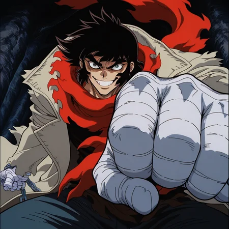 1boy,solo,<lora:IL_nagare_ryoma_Getter_Robo_Armageddon:1>,c_gett,nagare ryoma,
trench coat,torn clothes,shirt,bandages,red scarf,g-pant,foreshortening,dutch angle,chain,close-up of face,crazy smile,looking at viewer,, masterpiece,best quality,amazing quality,very aesthetic,absurdres,