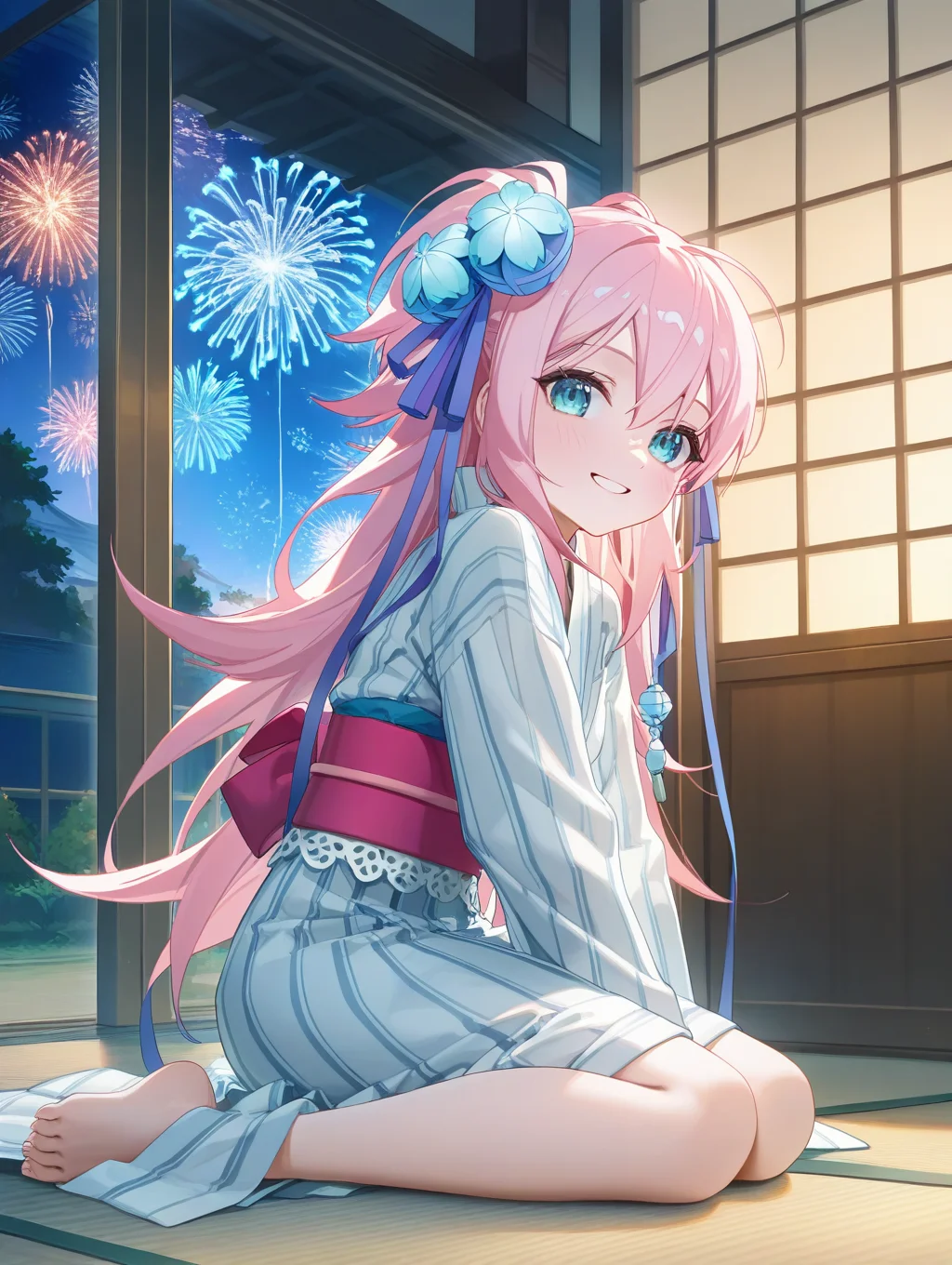 masterpiece,best quality,amazing quality,very aesthetic,absurdres,newest,scenery,<lora:mari_sengoku koihime_ilxl_v1-000010:0.8>,(artist:ningen mame:0.95),artist:ciloranko,(artist:sho \(sho lwlw\):0.95),(artist:saintshiro:0.95),(artist:rhasta:0.91),1girl,pink hair,(solo:1.5),hair ornament,blue eyes,long hair,smile,looking at viewer,long sleeves,hair flower,hair ribbon,mari\(sengoku koihime\),yukata,aerial fireworks,tatami,sitting,indoors,window,naughty face,