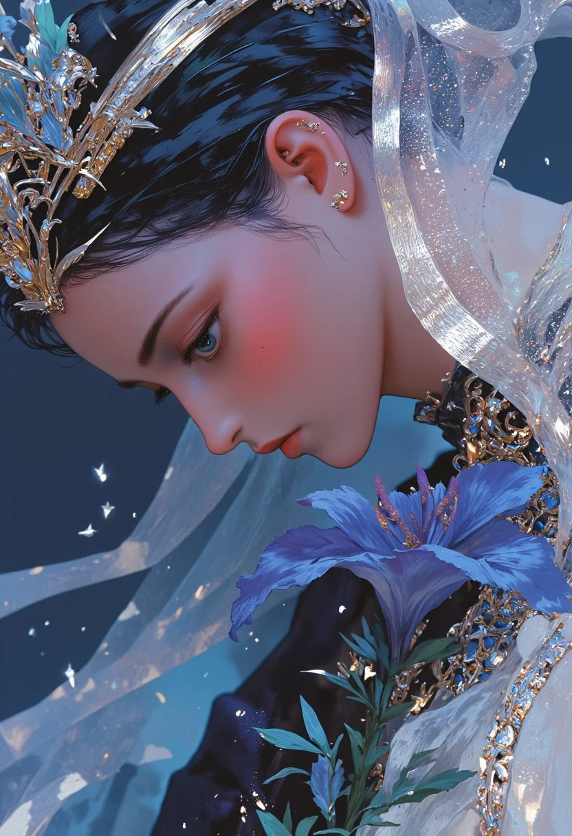 A hyper-realistic close-up of a woman, her expression serene as she tilts her head slightly to the side, eyes gazing thoughtfully just past the viewer, filled with quiet contemplation and depth. She wears a delicate netted ornament intertwined with thin gold filaments that catch the light, forming an intricate pattern that subtly crowns her head. Draped around her is a gauzy, flowing veil with silver and teal embroidery that cascades over her shoulders, adding an air of soft elegance. Her smooth, glowing skin has a luminous quality, adorned with faint freckles and subtle lines that enhance realism. Her long, dark lashes frame eyes that glisten with delicate reflections, and her brows, naturally arched, lend an air of grace. A striking deep blue lily with velvety petals and tiny drops of dew is nestled at the side of her face, enhancing the delicate allure. The petals display detailed veining and shift from a rich sapphire hue to a lighter periwinkle at their edges. Scattered across her veil are small, netted embellishments, adding texture and interest. The background is a soft blur of muted blue and silvery tones, evoking twilight in a secluded garden. The gentle lighting casts subtle shadows that contour her features, highlighting the shimmer of the veil and the vivid hues of the lily, creating an exquisite interplay of light and detail.