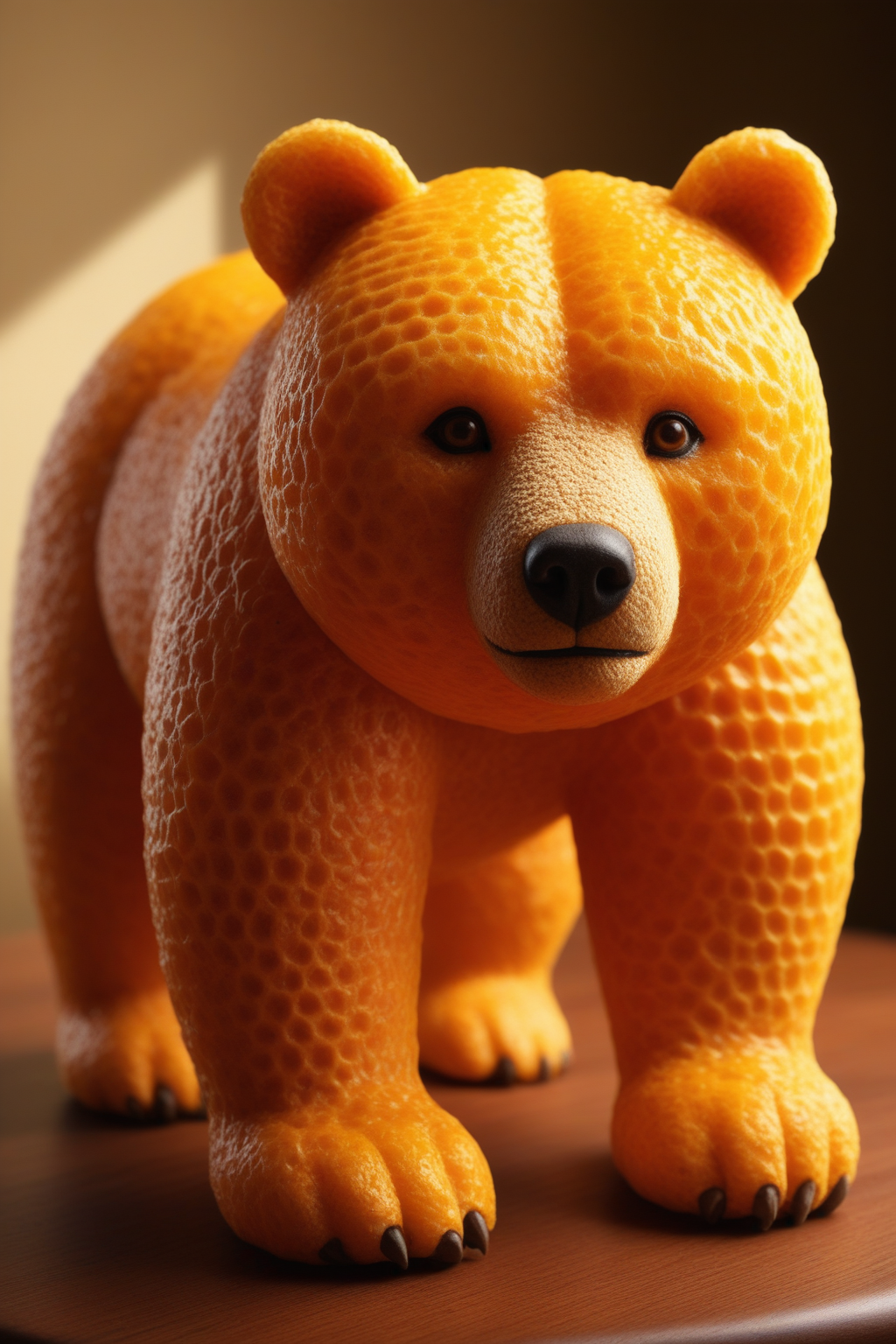 high quality,masterpiece,ultra-high resolution,incredible composition,extremely detailed, <lora:Orange_Peel:0.7>, A mighty bear crafted from orange peel, its fur a lush, bumpy citrus texture. Its stance radiates strength, peel glistening. High-definition close-up, emphasizing rugged warmth. Background: warm oak table, golden light, orange zest, and honeycomb for a cozy food photography aesthetic.