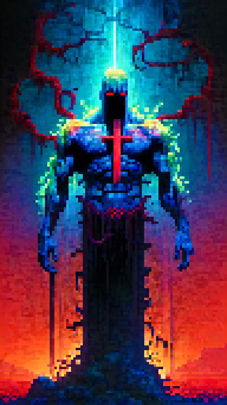 pixel art, 64 bit, fighting game style masterpiece, best quality, ultra realistic,32k,RAW photo, detail skin, 8k uhd, dslr, high quality, film grain, \nShort and messy hair, dynamic, vibrant, action-packed, detailed character design, reminiscent of fighting video games, black bloody veins growing and intertwining out of the darkness, oozing thick neon rainbow blood, veins growing and pumping blood, vascular networks growing, connecting, expanding, red veins everywhere, zdzislaw beksinski, (vibrant colors:1.1), (Repetition:1.1), (Cross-hatching:1.1), (Infrared:1.2), Rust, Hypercube, ultra detailed, intricate, oil on canvas, ((dry brush, ultra sharp)), (surrealism:1.1), (disturbing:1.1), beksinski style painting, sparks, lens flare, rim lighting, backlighting, RTX, Post Processing, satanic cross, man body, muscular, venom costume