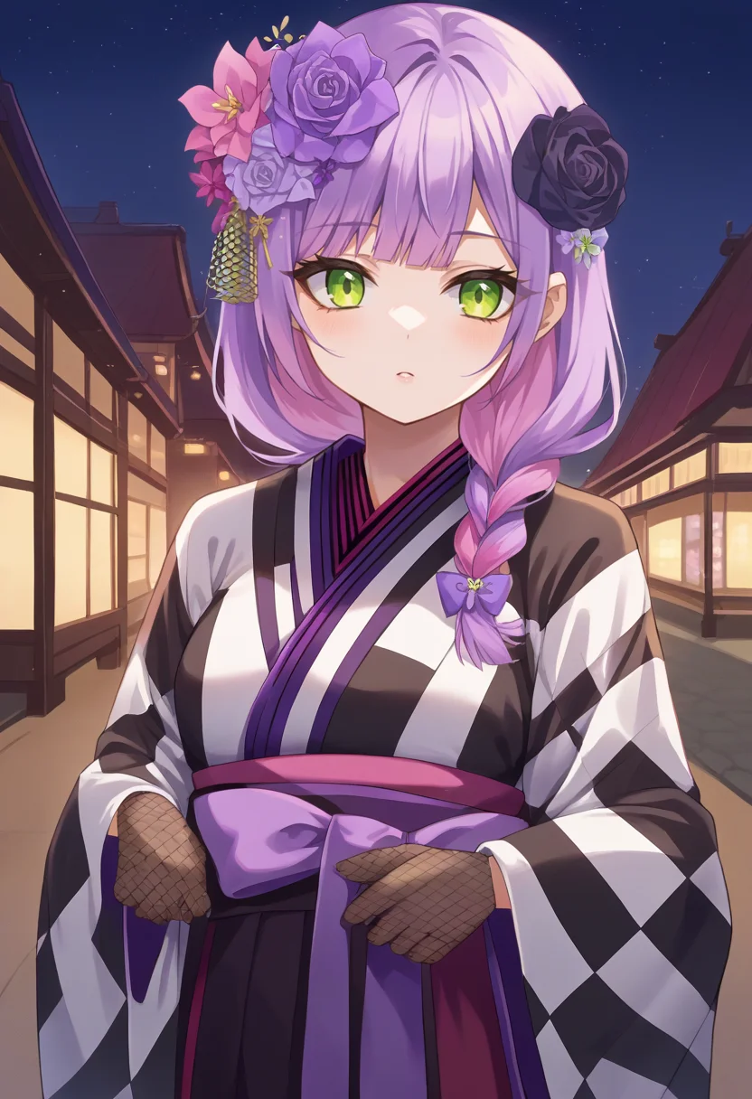 score_9, score_6_up, source_anime, 1girl, solo, town, night, green lanterns, towa_newyears, single braid, checkered kimono, japanese clothes, fishnet gloves, purple bow, hair flower <lora:towaXL:1>
