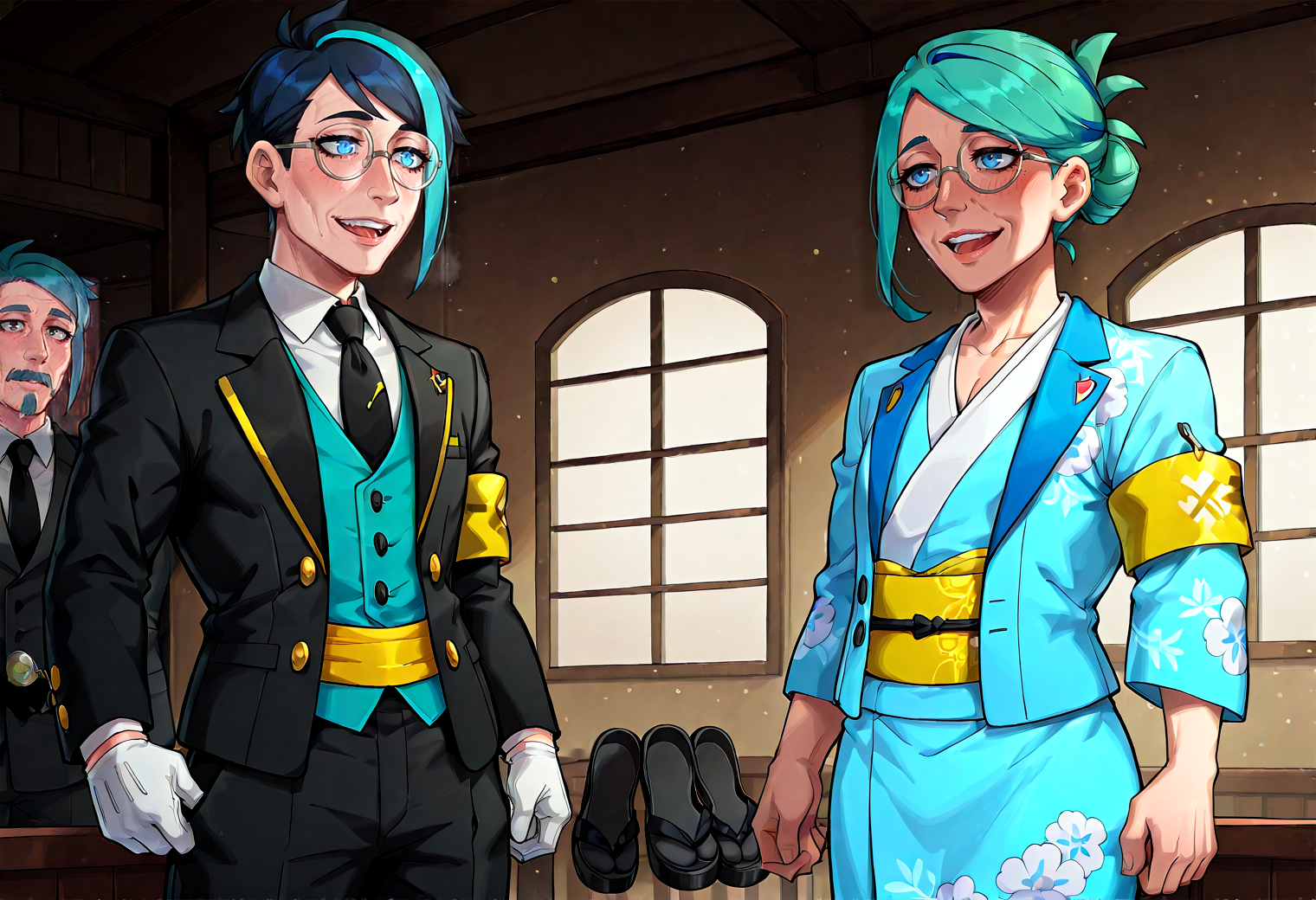IllustriousQual, <lora:StS-Illustrious-Detail-Slider-v1.0:2> <lora:cfg_scale_boost:0.3> <lora:StS_Age_Slider_Illustrious_v1:3>,detailed_background,indoors,gloves,shirt,creatures \(company\),vest,aqua hair,multicolored hair,necktie,collared shirt,black hair,highres,cowboy shot,looking ahead,game freak,striped armband,pokemon,lapels,short hair,streaked hair,white shirt,male focus,armband,twisted wonderland,hair behind ear,floral print,eyelashes,blue eyes,min \(myna8247\),full body,medium hair,black footwear,black jacket,twins,jade leech,suit jacket,suit,matatatatabi,multiple boys,sash,floyd leech,blue hair,yellow sash,siblings,sandals,pokemon sv,aqua vest,buttons,round eyewear,socks,blue kimono,jacket,open mouth,japanese clothes,solo,formal clothes,1boy,smile