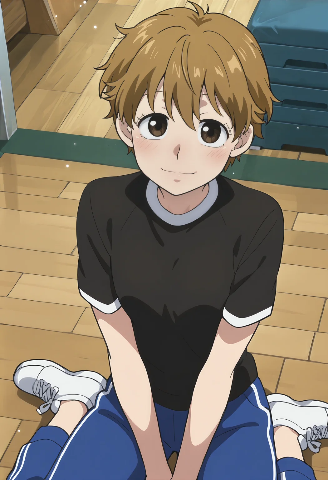 best quality, amazing quality, perfect quality, high quality, masterpiece, absolutely eye-catching BREAK
<lora:Ookiku_Furikabutte_-_Ayano_Tomoi:1> OofuriAyano, brown eyes, brown hair, short hair, wispy bangs, skinny, small breasts BREAK
black t-shirt, blue track pants, white sneakers BREAK
1girl, solo, indoors, gym, wooden floor, light particles, sitting, on floor, yokozuwari, light smile, looking at viewer, cowboy shot, dutch angle, from above