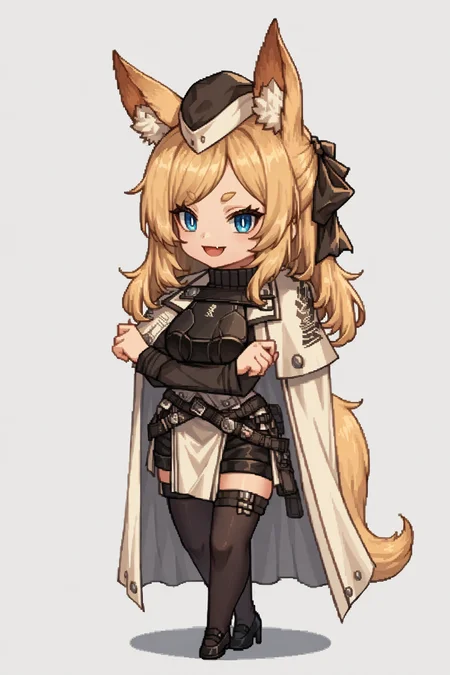 score_9, score_8_up, score_7_up, , rating_general,1girl ,wssd, animal ears, tail, hair ribbon, garrison cap, ribbed sweater, long sleeves, breastplate, white cape, pouch belt, black shorts, pelvic curtain, black thighhighs, high heels, source_anime, smile, :3,  skin fang, open mouth, naughty face, <lora:WhislashPDCAMEv2L AK-000006:1>,<lora:GBFPixelPDCAME Style:1>, pixel art, 2d, full portrait, simple background, white background, chibi,