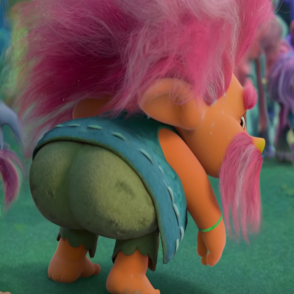 KingPeppy, troll, orange skin, grey-streaked pink frizzly hair, rounded yellow nose ,brown eyes, green and blue waistcoat, and green pants, grey-streaked pink frizzly mustache, rey-streaked pink frizzly eyebrows, old man, chubby, crows feet, sleeveless, barefoot, masterpiece, best quality, amazing quality, very aesthetic, high resolution, ultra-detailed, absurdres, newest, smile, from behind, ass focus, looking over shoulder, wiggling butt, plump butt, bubble butt, looking back, looking at viewer, eyes half shut, bent over, sweaty, sweat, sweaty butt, sweat stain on butt, sweat stained clothes, Expressiveh,