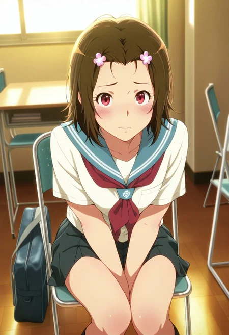 masterpiece,best quality,amazing quality, kabe tomoe, cherry-red eyes, brown hair, 1girl, solo, school uniform, hair ornament, school bag, chair, bag, indoors, looking at viewer, serafuku, blush, short hair, folding chair