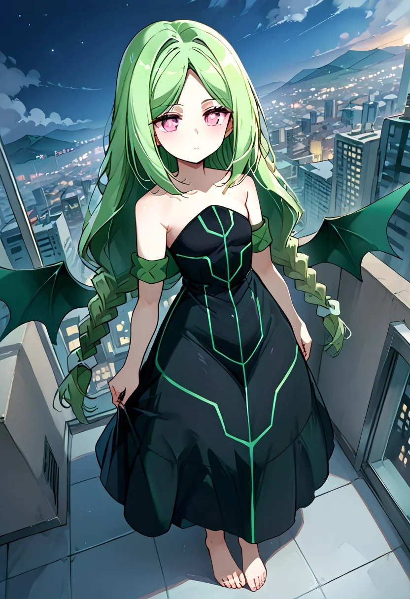score_9, score_8_up, score_7_up, source_anime, momose kajitsu, 1gril, solo, green hair, long hair, parted bangs, twin braids, pink eyes, small breasts, bare shoulders,green striped black dress,strapless, strapless dress, long dress, green armband, wings, barefoot,, city skyline, rooftop view, night time, city lights, quiet reflection, expressionless, from below, solo,, cowboy shot, dutch angle,