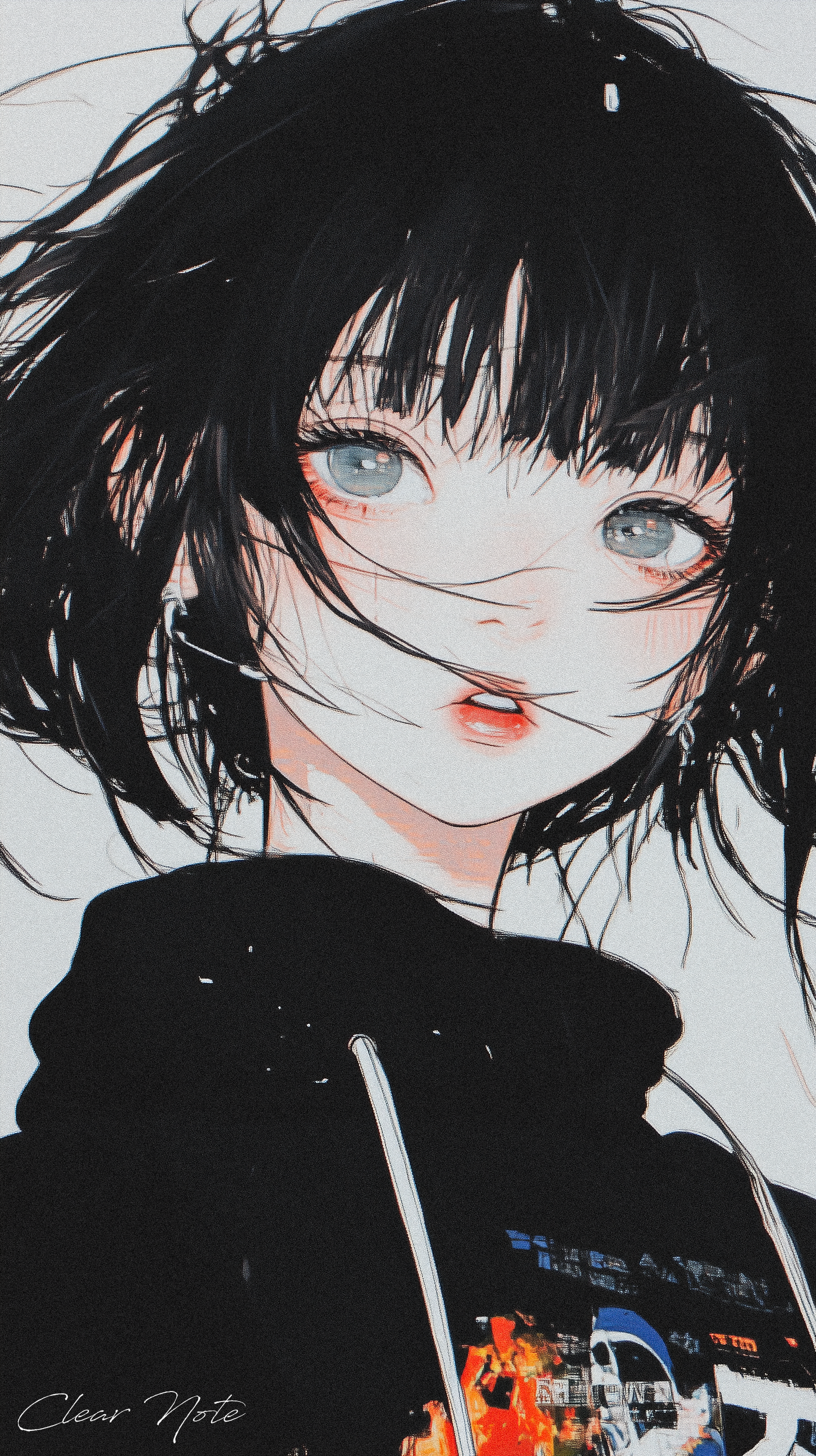 Japanese anime art style, retro 90s anime, modern clothing, bangs, short black hair, hair blown by the wind, cold expression, half-length portrait