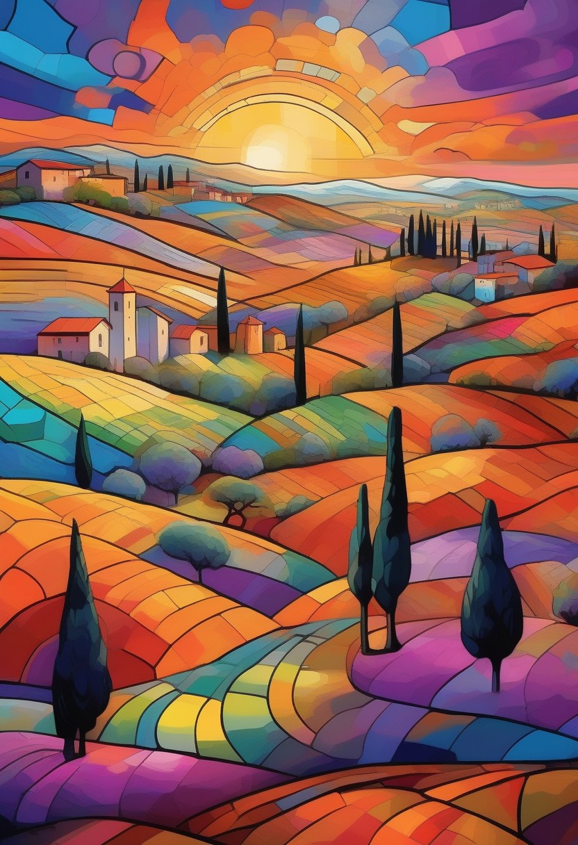 Rolling hills of Tuscany in a vibrant psychedelic style, with bold, surreal colors separated by sharp black lines, creating a stained-glass effect. A small village in the distance with terracotta rooftops and stone walls, stylized with vivid hues of purple, blue, and orange. Cypress trees and wildflowers rendered in exaggerated, kaleidoscopic patterns. Golden sunlight breaking through in fragmented beams, casting a dreamlike glow over the landscape. Highly detailed, surreal composition, inspired by psychedelic art and Italian countryside aesthetics, 8K resolution, vivid and trippy yet harmonious color palette, a mesmerizing and otherworldly mood.