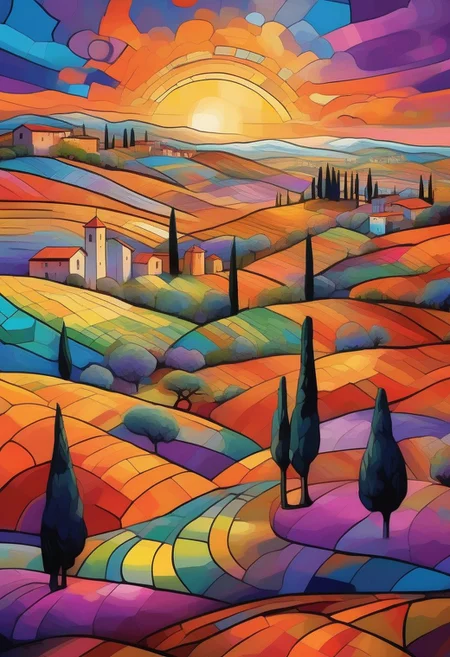 Rolling hills of Tuscany in a vibrant psychedelic style, with bold, surreal colors separated by sharp black lines, creating a stained-glass effect. A small village in the distance with terracotta rooftops and stone walls, stylized with vivid hues of purple, blue, and orange. Cypress trees and wildflowers rendered in exaggerated, kaleidoscopic patterns. Golden sunlight breaking through in fragmented beams, casting a dreamlike glow over the landscape. Highly detailed, surreal composition, inspired by psychedelic art and Italian countryside aesthetics, 8K resolution, vivid and trippy yet harmonious color palette, a mesmerizing and otherworldly mood.
