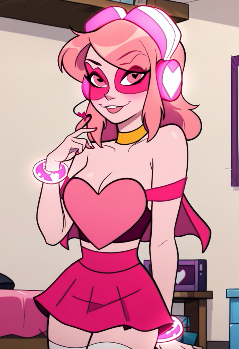 score_9, score_8_up, score_7_up,  <lora:miss_heed:1> missheedxl, 1girl, pink hair, pink skin, headphones, choker, pink eyes, cleavage, bracelet, jewelry, heart, crop top, pink skirt, thighhighs, sunglasses, medium breasts, miniskirt, bare shoulders, bedroom,