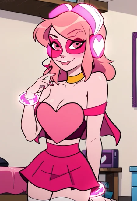 score_9, score_8_up, score_7_up, <lora:miss_heed:1> missheedxl, 1girl, pink hair, pink skin, headphones, choker, pink eyes, cleavage, bracelet, jewelry, heart, crop top, pink skirt, thighhighs, sunglasses, medium breasts, miniskirt, bare shoulders, bedroom,