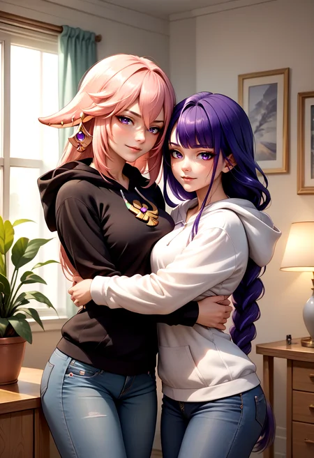 score_9, score_8_up,score_7_up, source_anime, indoors, standing, cowboy shot, 2girls, seductive smile, looking at viewer, hoodie, jeans, hug,
BREAK yae miko, black hoodie,
BREAK raiden shogun, white hoodie,