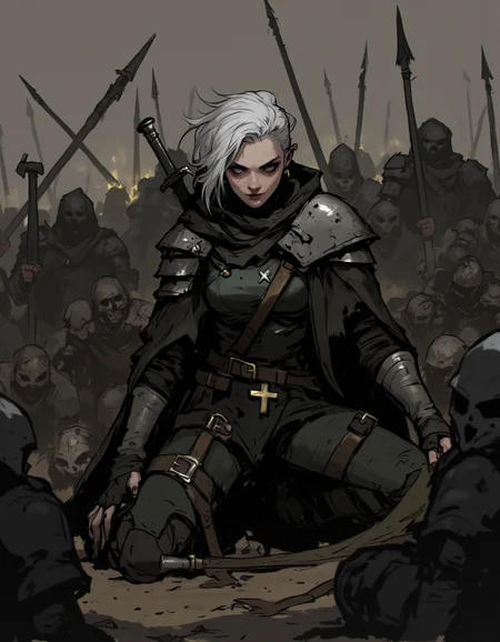 Ev Ganin style. The image is a digital drawing in a dark, gritty, and dramatic style, reminiscent of fantasy art. It depicts a lone warrior, a female with pale skin and short, platinum-blonde hair, sitting in the center of a chaotic battlefield. She is dressed in dark, armored attire, including a black, tattered cloak, a metal breastplate, and gauntlets. A cross emblem is visible on her chest plate. Her expression is stern, with a determined look in her eyes. <lora:Ev_Ganin:1.0>