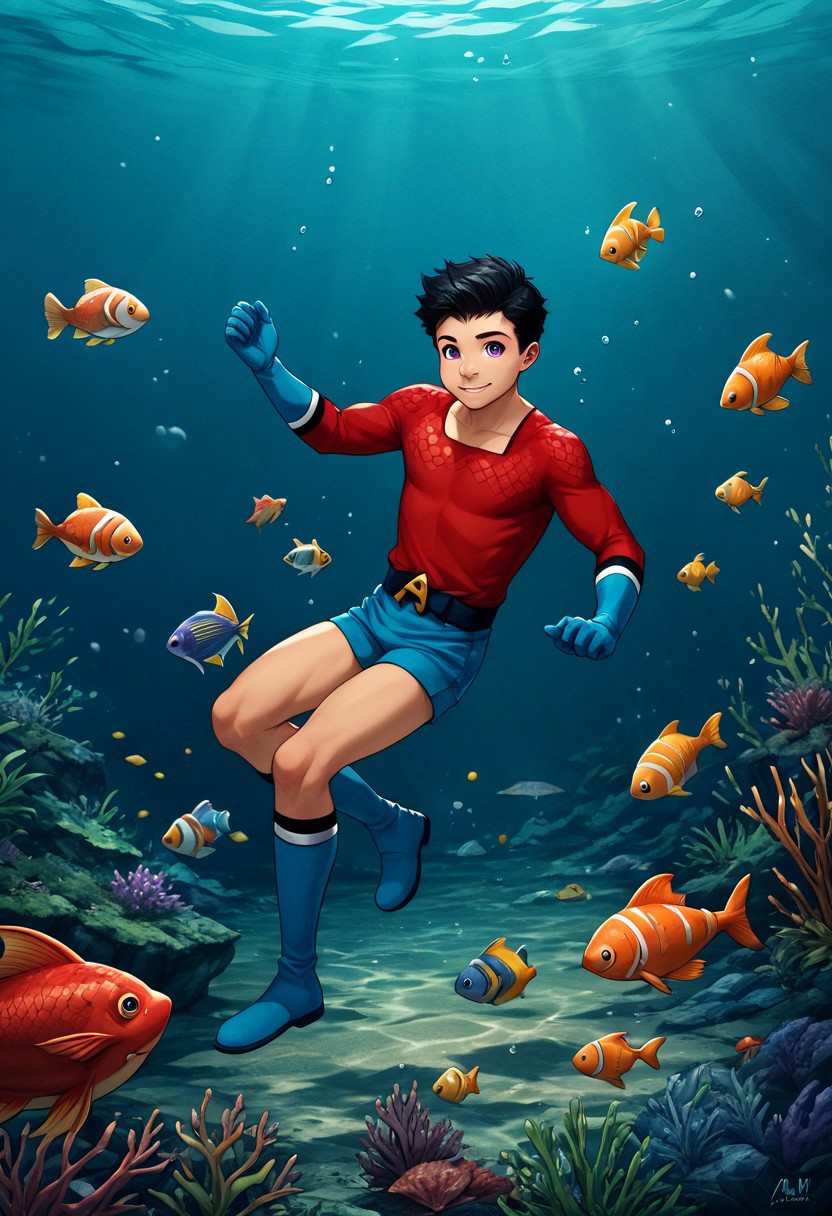 score_9, score_8_up, score_7_up, 1boy, solo, male focus, cute boy, young, Aqualad, Black Hair, Purple eyes, seductive smile,l, floating underwater, Red Scale Shirt, fish scales pattern, Blue Speedo, Blue Shorts, Male Swimwear, Blue Gloves, Blue Boots, Belt