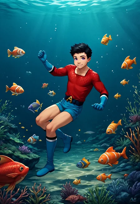 score_9, score_8_up, score_7_up, 1boy, solo, male focus, cute boy, young, Aqualad, Black Hair, Purple eyes, seductive smile,l, floating underwater, Red Scale Shirt, fish scales pattern, Blue Speedo, Blue Shorts, Male Swimwear, Blue Gloves, Blue Boots, Belt