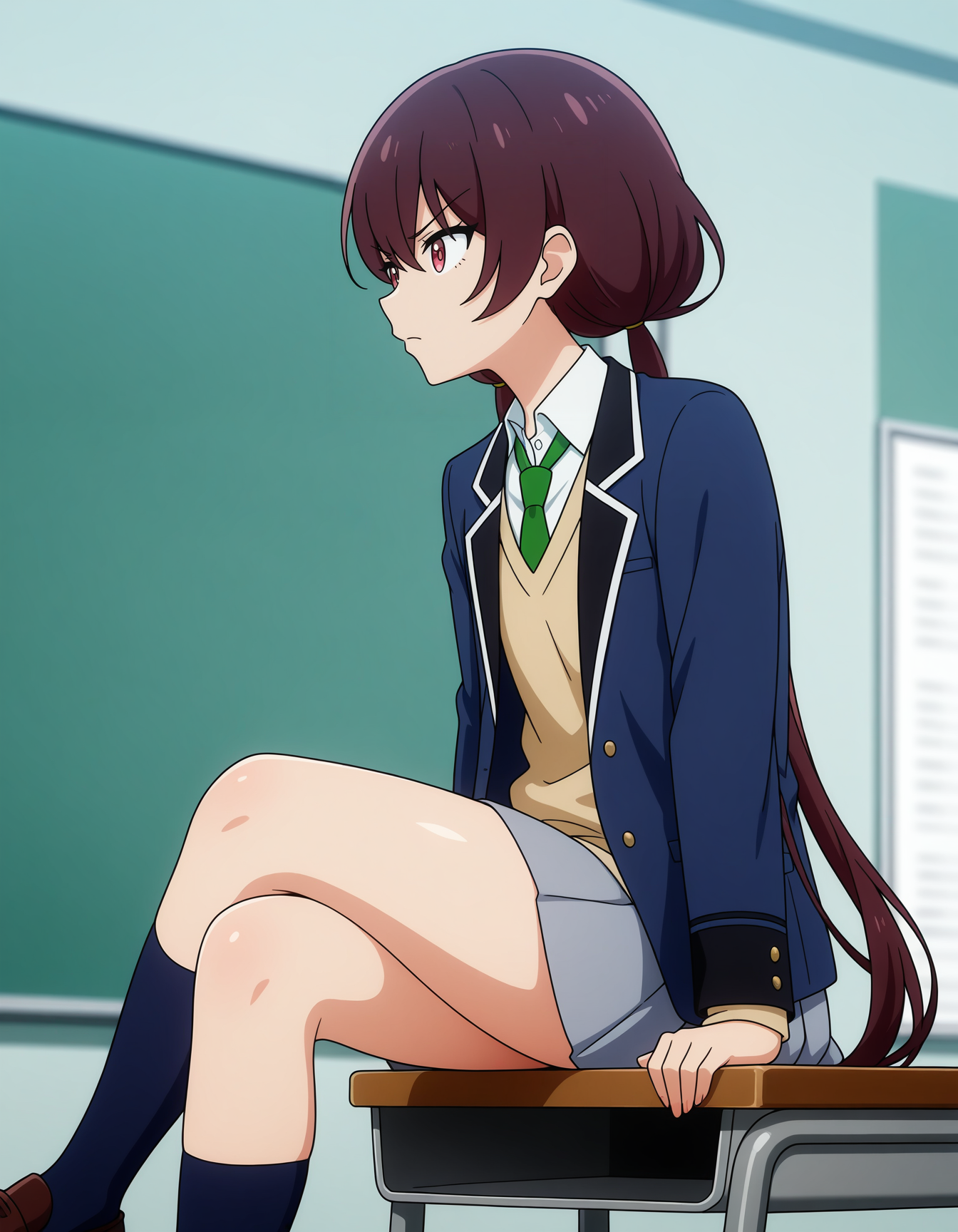 masterpiece, best quality, amazing quality, highres, absurdres, very aesthetic, high resolution, ultra detailed, perfect details,anime coloring, indoors,classroom,school_desk,1girl,solo,depth of field,side view,
sitting on desk,looking at viewer,angry,arm support, crossed legs,bust portrait,
<lora:ILL_oumemai_lion_e7:1> oumewtsu, long hair,very long hair, bangs, skirt, brown hair, shirt, red eyes, long sleeves, twintails, school uniform, standing, jacket, pleated skirt, white shirt, necktie, low twintails, sweater, blazer, collared shirt, shoes, blue jacket, socks, grey skirt, green necktie, open clothes, kneehighs, loafers, open jacket, brown footwear, miniskirt, v-neck, navy_blue_socks,