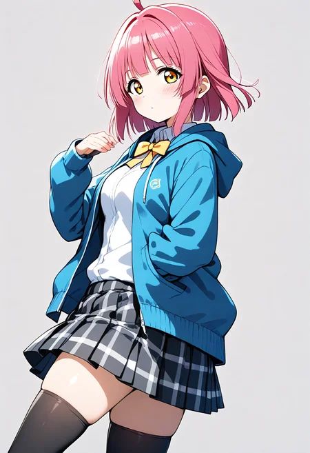 score_9, score_8_up, score_7_up, source_anime,BREAK
1girl,
<lora:Hyper-SDXL-8steps-lora:1>
<lora:SDXL_rina_pony721:0.8>
<lora:age_slider_v4:0.5>rina,tennouji rina,love live! nijigasaki high school idol club,pink hair, short hair,
expressionless, solo,
school uniform,nijigasaki academy school uniform,hooded jacket, blue jacket,blue hoodie, hoodie, shirt,white shirt, long sleeves,neck ribbon,bow, bowtie, ribbon, yellow bow,yellow ribbon, collared shirt,plaid, plaid skirt, pleated skirt,miniskirt,grey skirt,thighs,breasts,black thighhighs, zettai ryouiki,blush,standing,cowboy shot,
simple background, grey background,